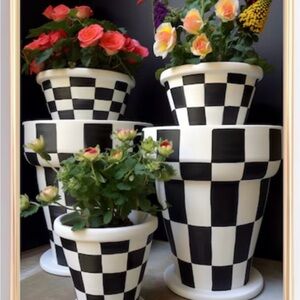 Elegant Black & White Checkered Flower Pots Framed 8x10| Mackenzie Childs Type